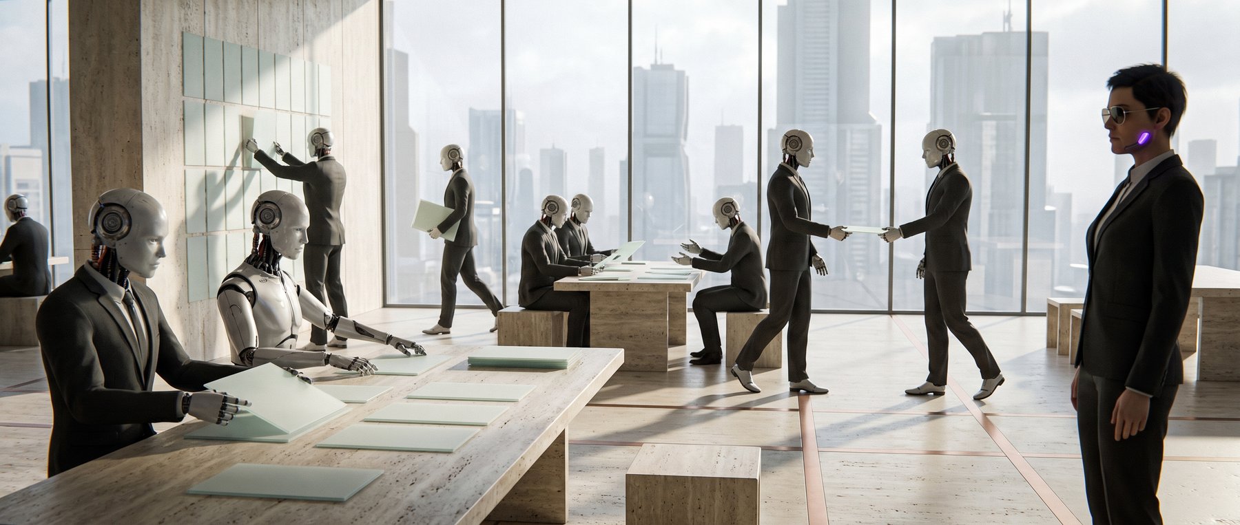 Four faceless AI agents at travertine consoles, moving blank panes of light, the daylight city beyond the glass