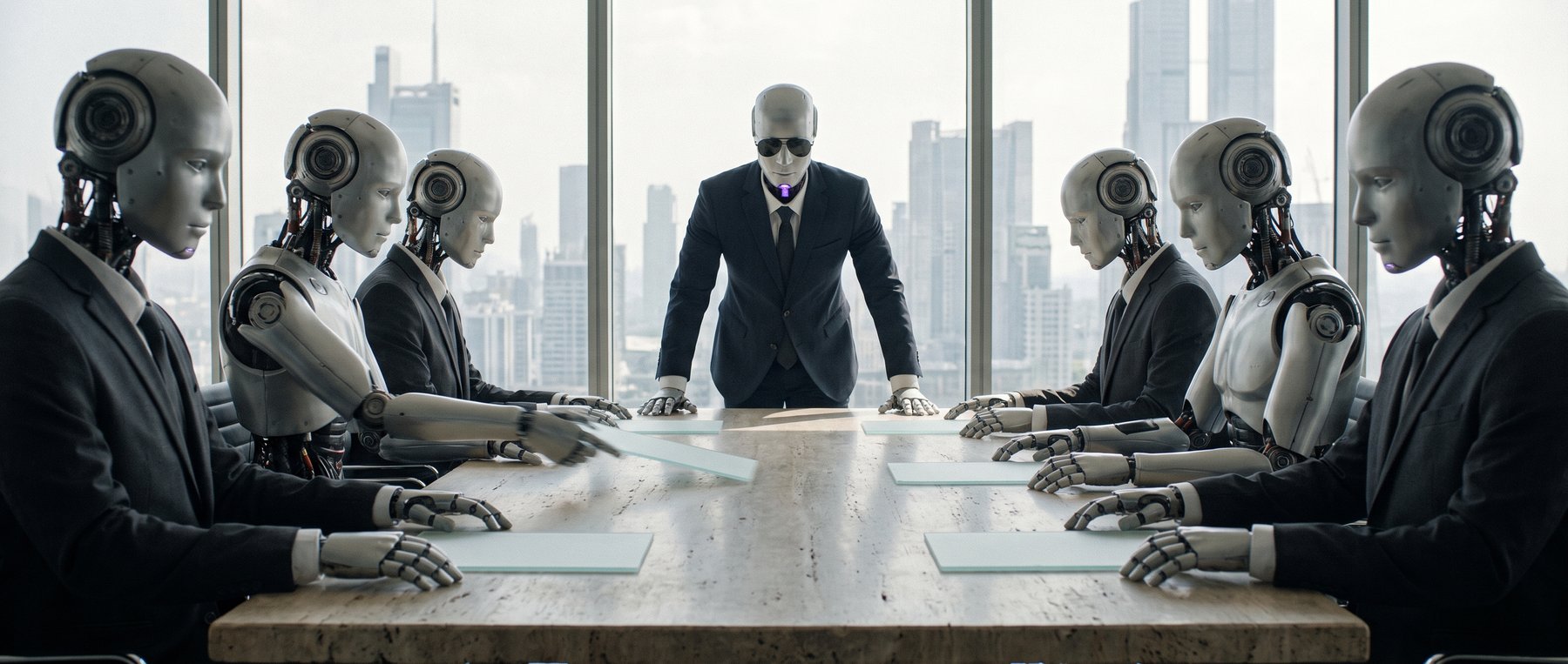 The boardroom, seen low along the travertine table: Tony at the far end with faceless agents down both sides